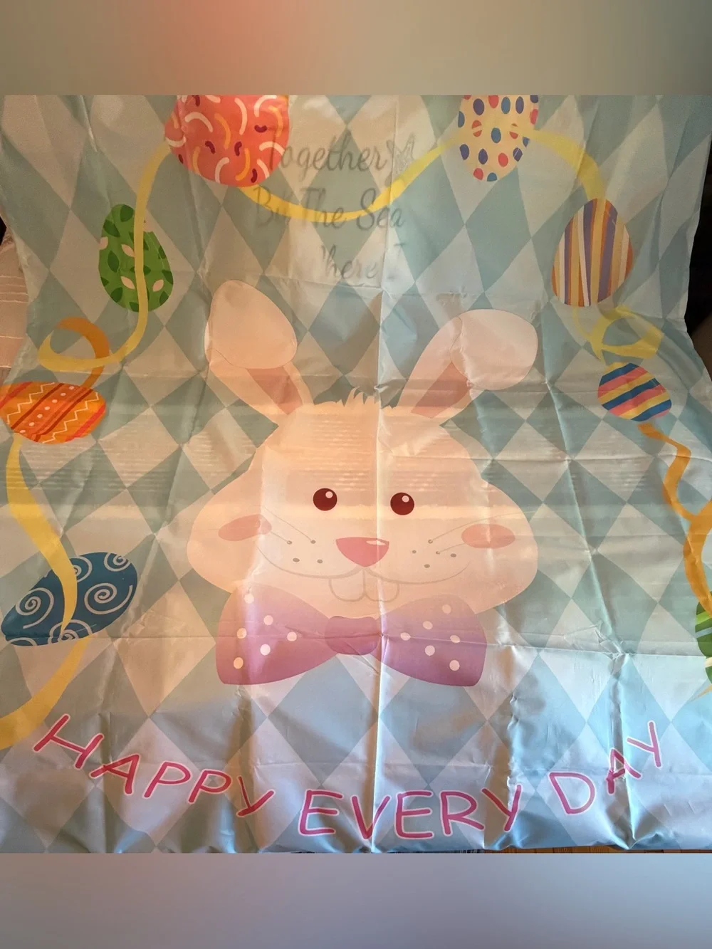 Playful Bunny Shower Curtain with Pastel Blue Diamond Background
